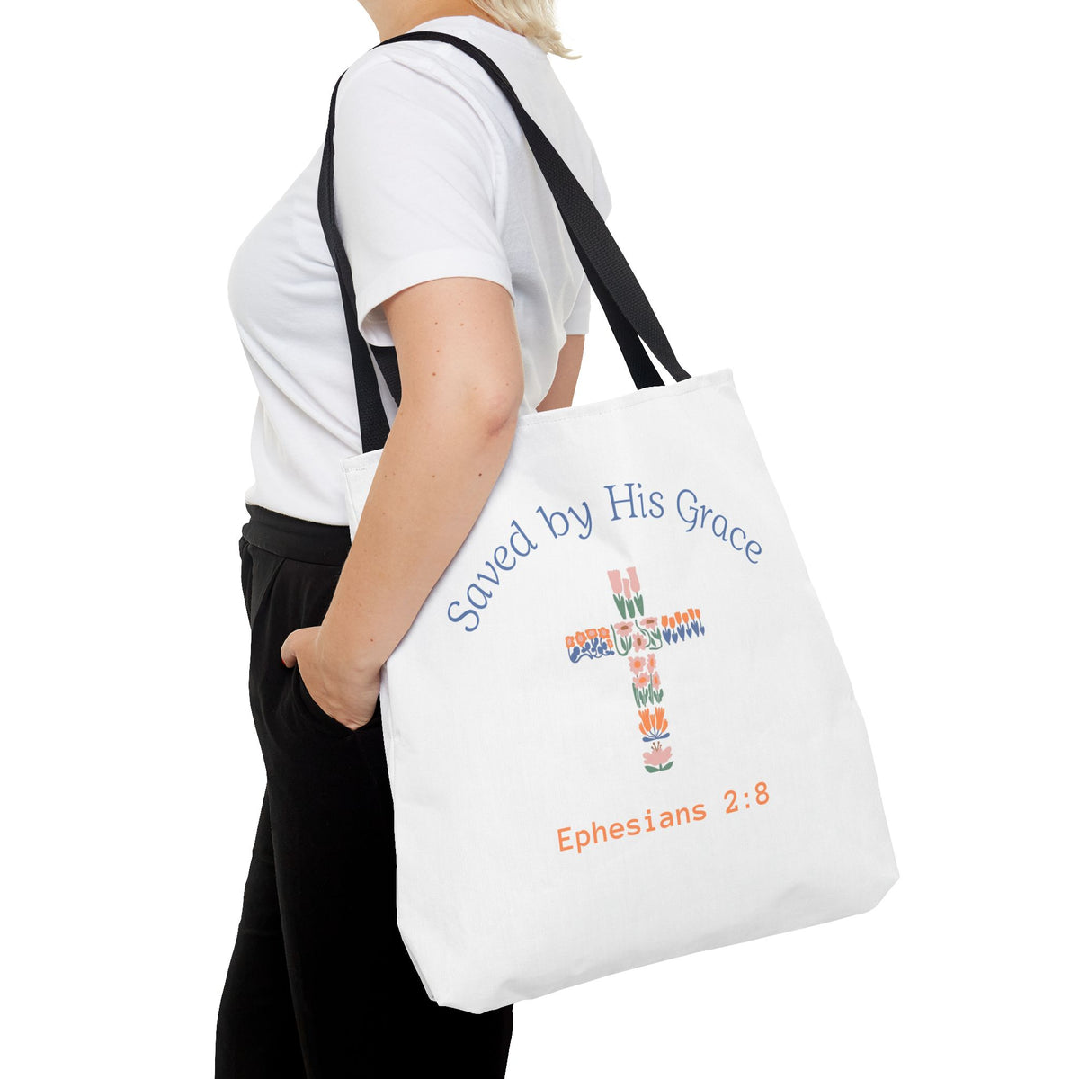 Bolsa tote cristiana — "Salva por Su gracia"