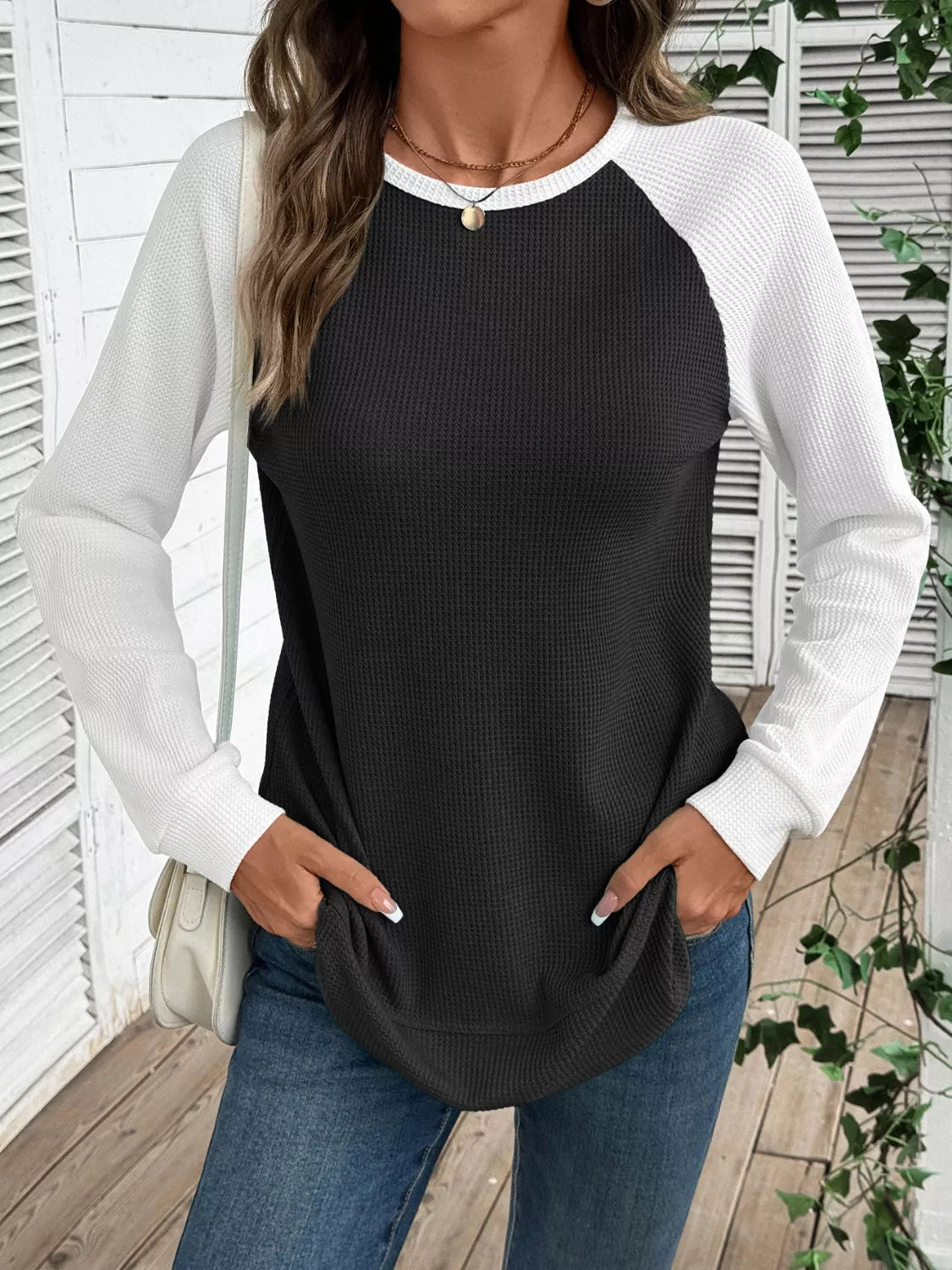 Camiseta de punto gofre con manga raglán