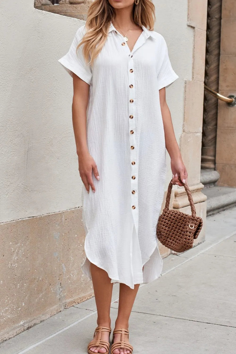 Vestido camisero midi de manga corta con botones