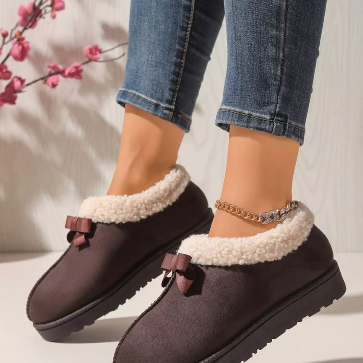 Pantuflas Forradas de Peluche Suaves con Lazo