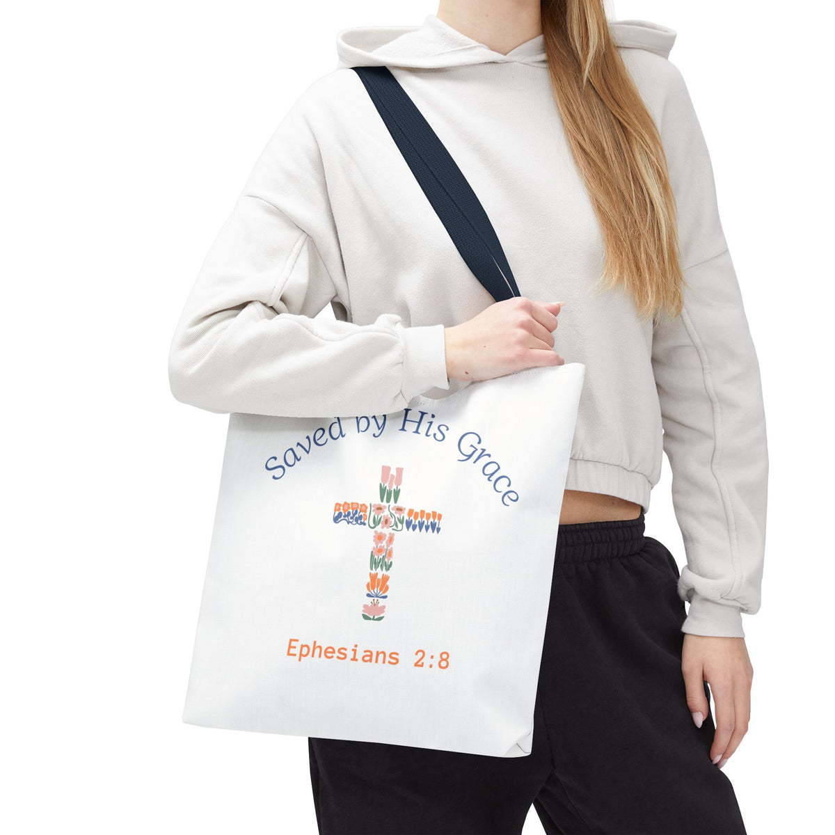 Bolsa tote cristiana — "Salva por Su gracia"