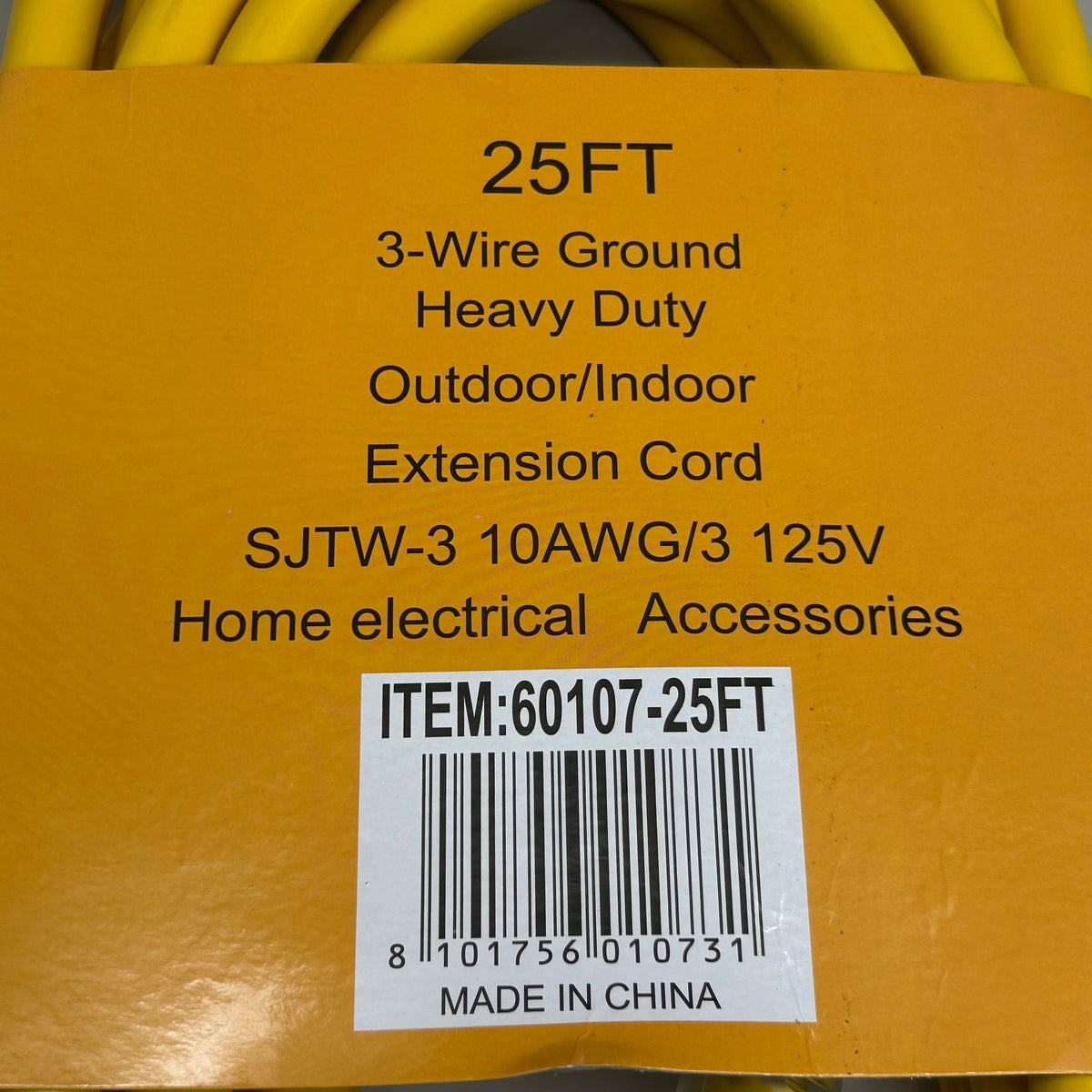 HOME ELECTRICAL ACCESSORIES  Heavy Duty Outdoor/Indoor Extension Cord  10 Gauge, 25' Yellow SJTW-3