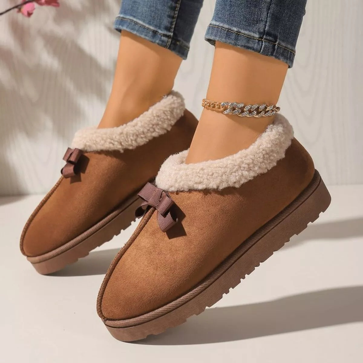 Pantuflas Forradas de Peluche Suaves con Lazo