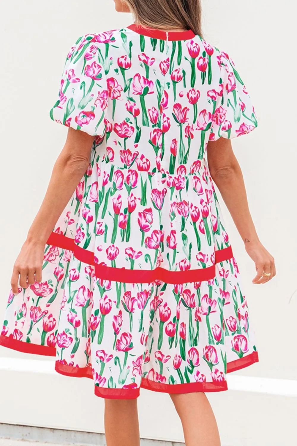 Floral Print Contrast Trim V Neck Bubble Short Sleeve Babydoll Dress