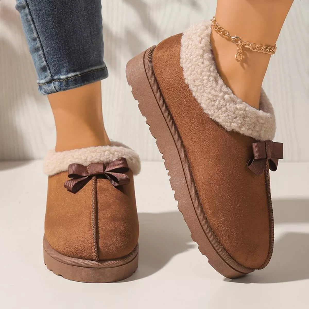 Pantuflas Forradas de Peluche Suaves con Lazo