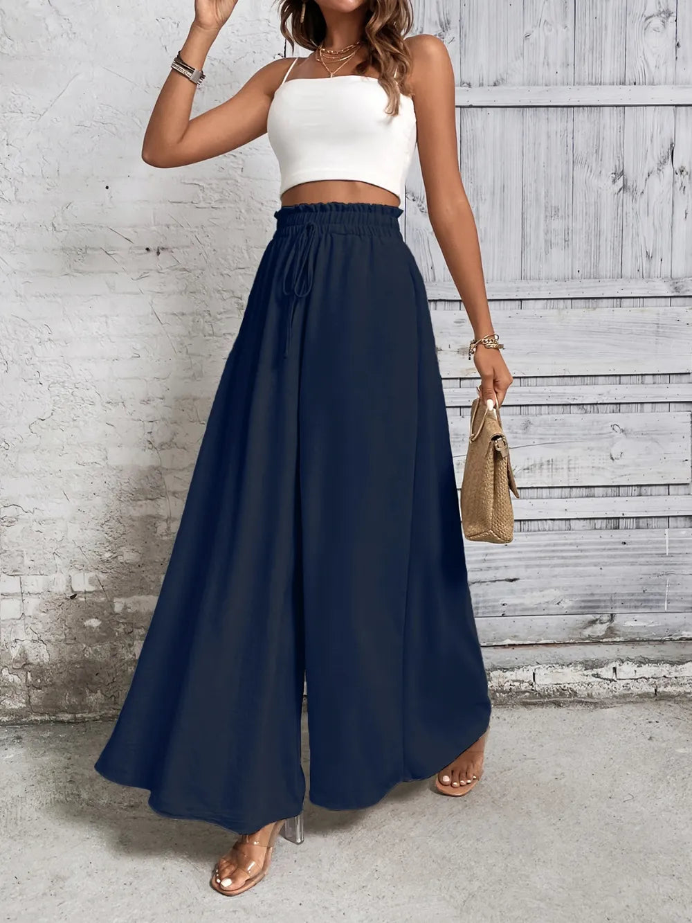 Pantalones anchos de cintura alta con lazo de miel