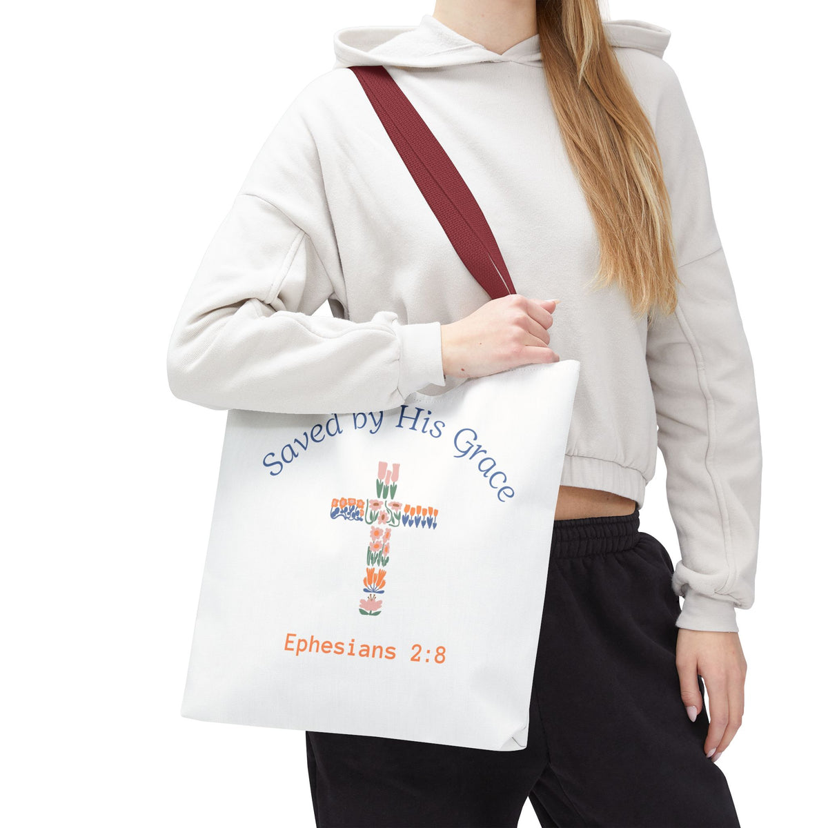 Bolsa tote cristiana — "Salva por Su gracia"