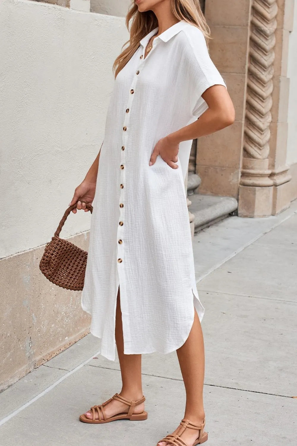 Vestido camisero midi de manga corta con botones