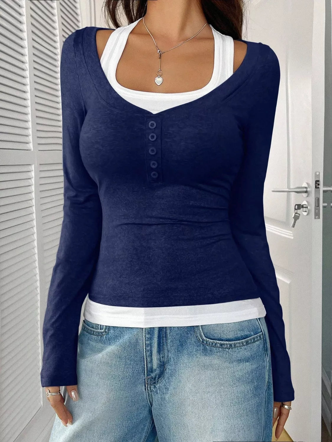 Contrast Long Sleeve Fake Two-Piece T-Shirt
