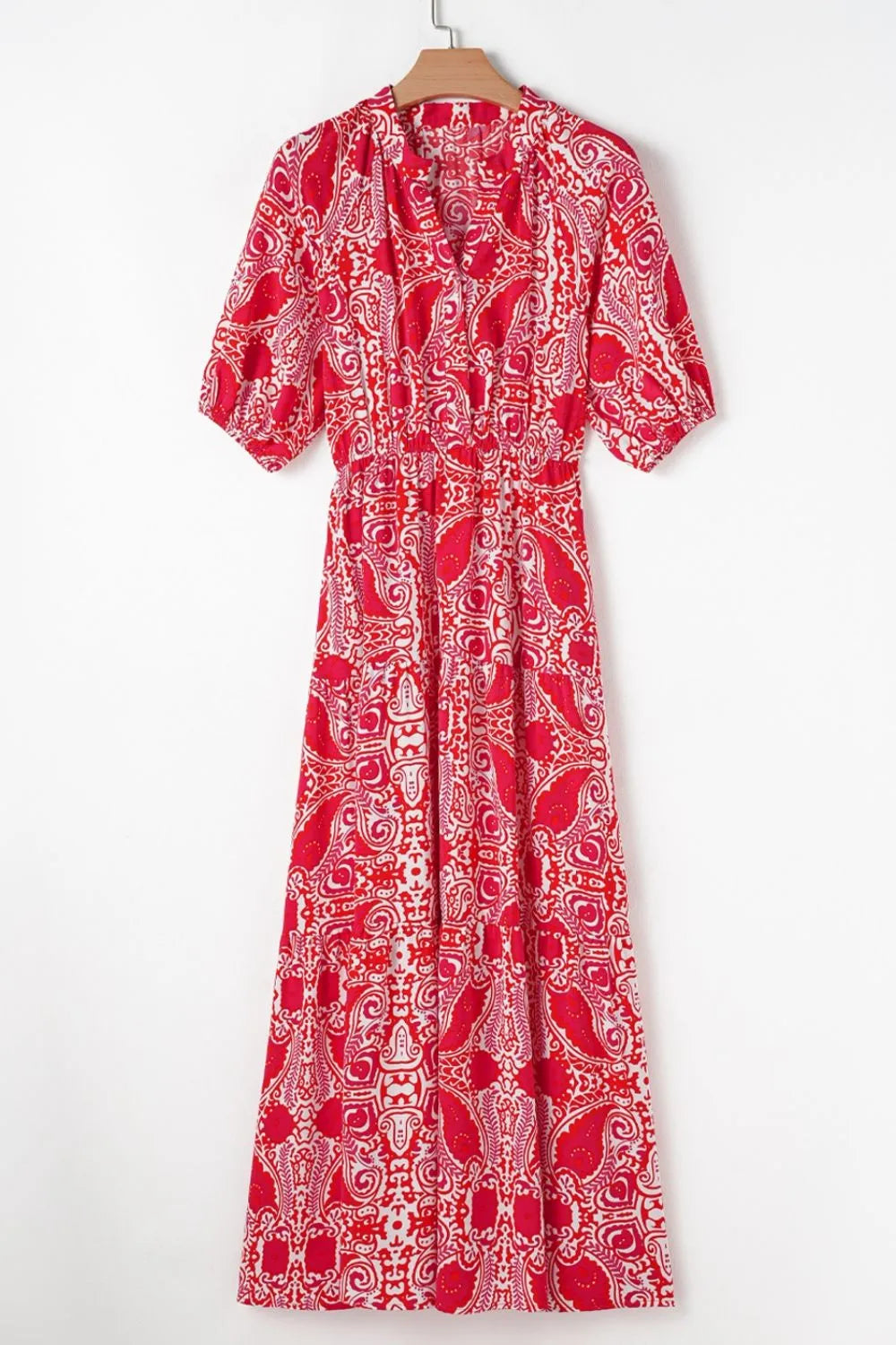 Vestido largo de cintura alta con mangas abullonadas y abertura lateral con estampado de cachemira