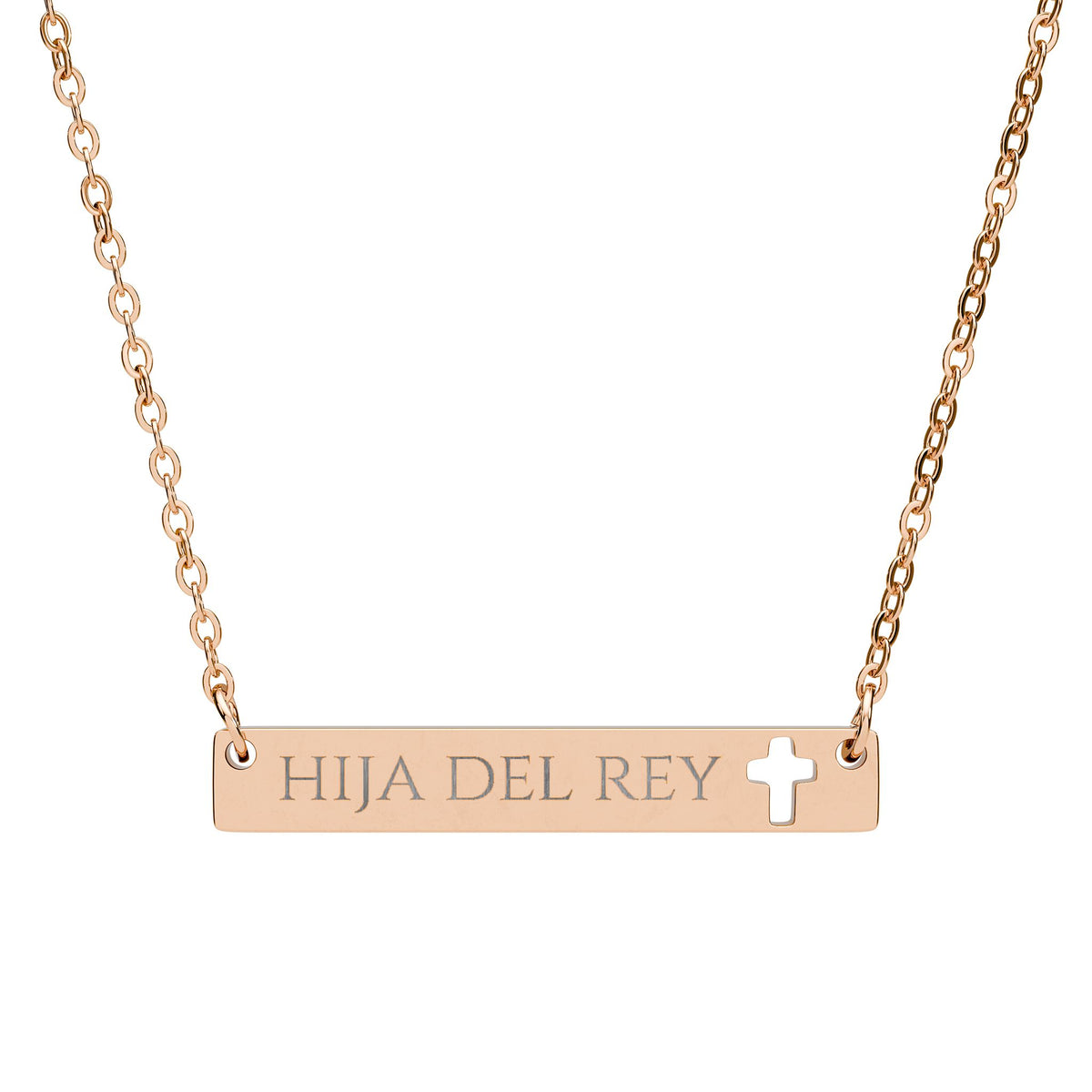 Collar con barra transversal y cruz recortada grabada — "Hija del Rey"