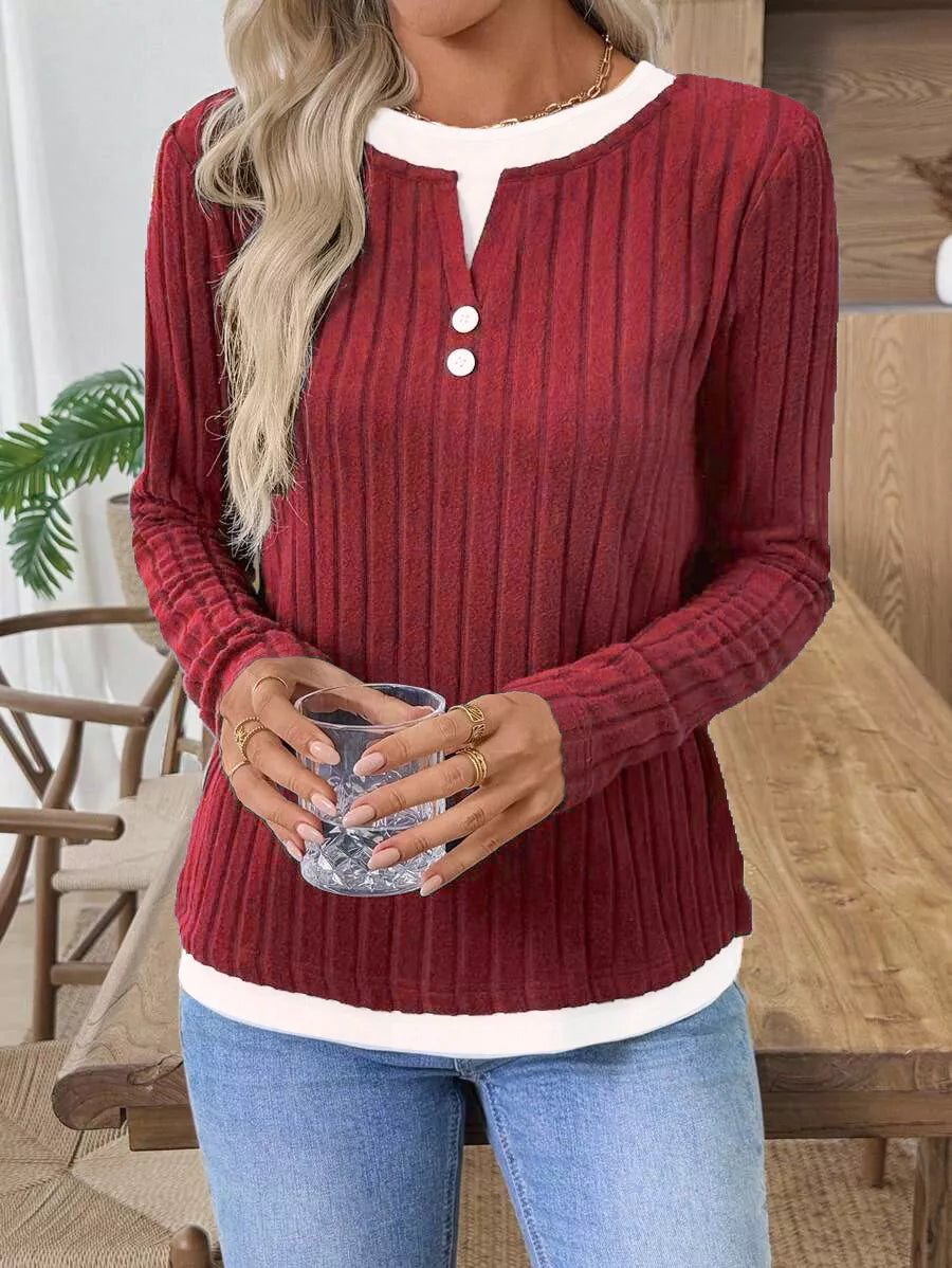 Camiseta Henley de manga larga de punto acanalado