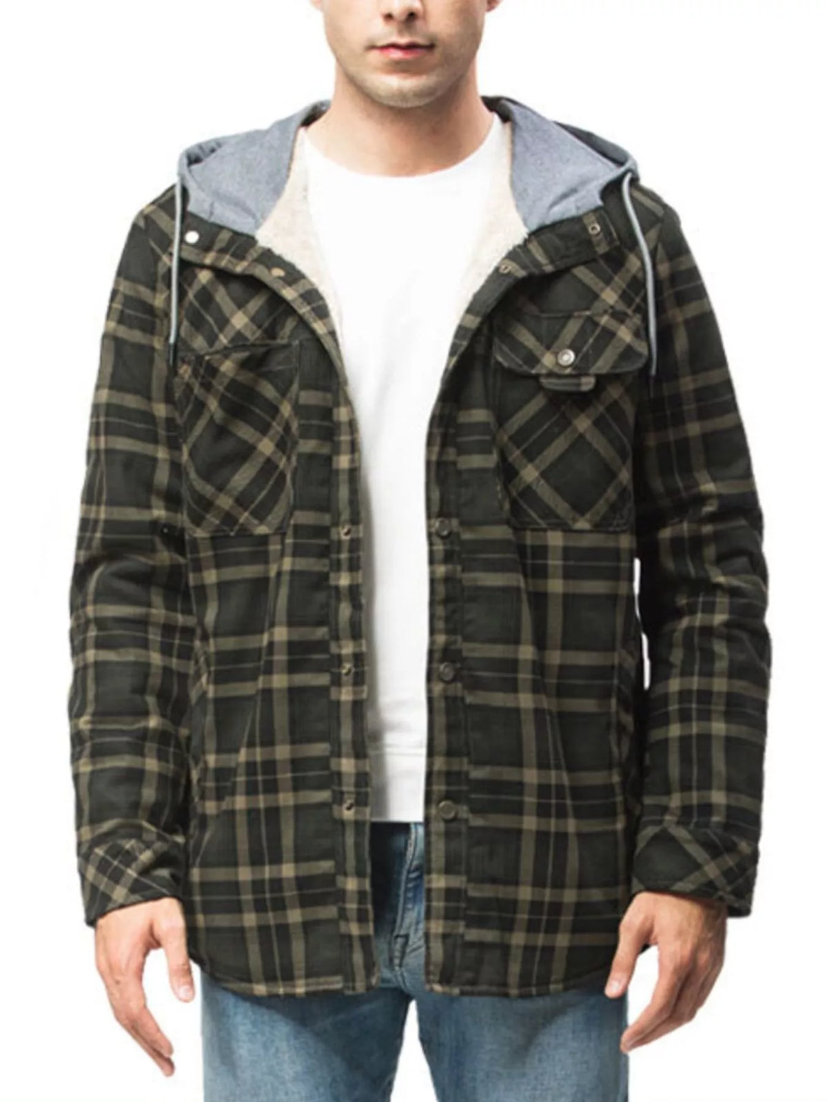 Chaqueta con capucha de franela a cuadros para hombre con botones a presión