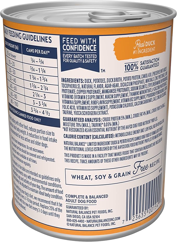 Alimento para perros Natural Balance con ingredientes limitados, pato y patata (13 oz)