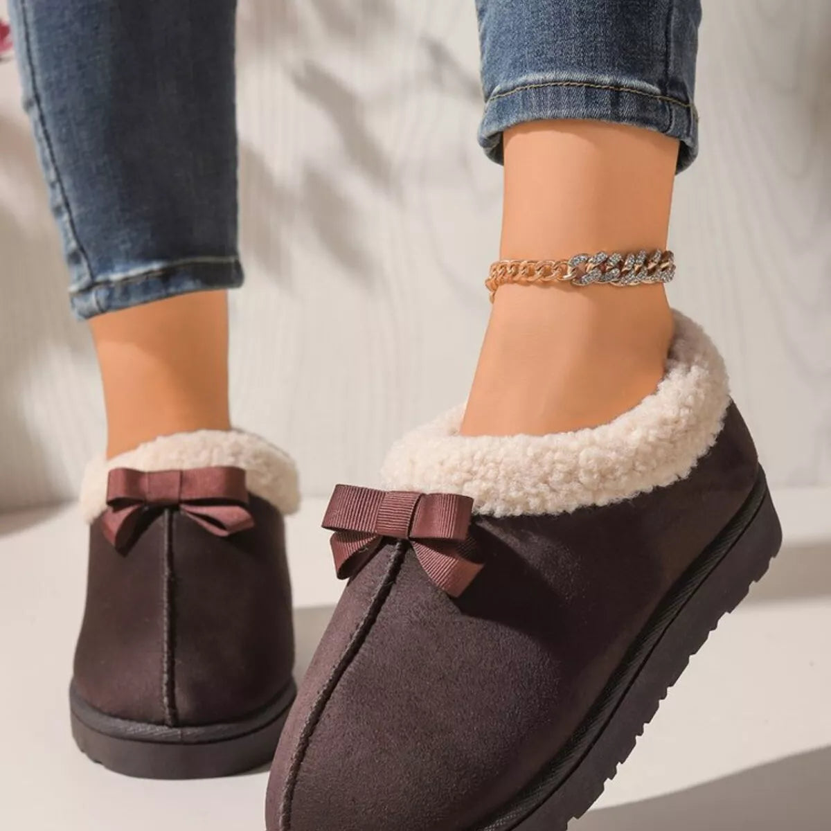 Pantuflas Forradas de Peluche Suaves con Lazo
