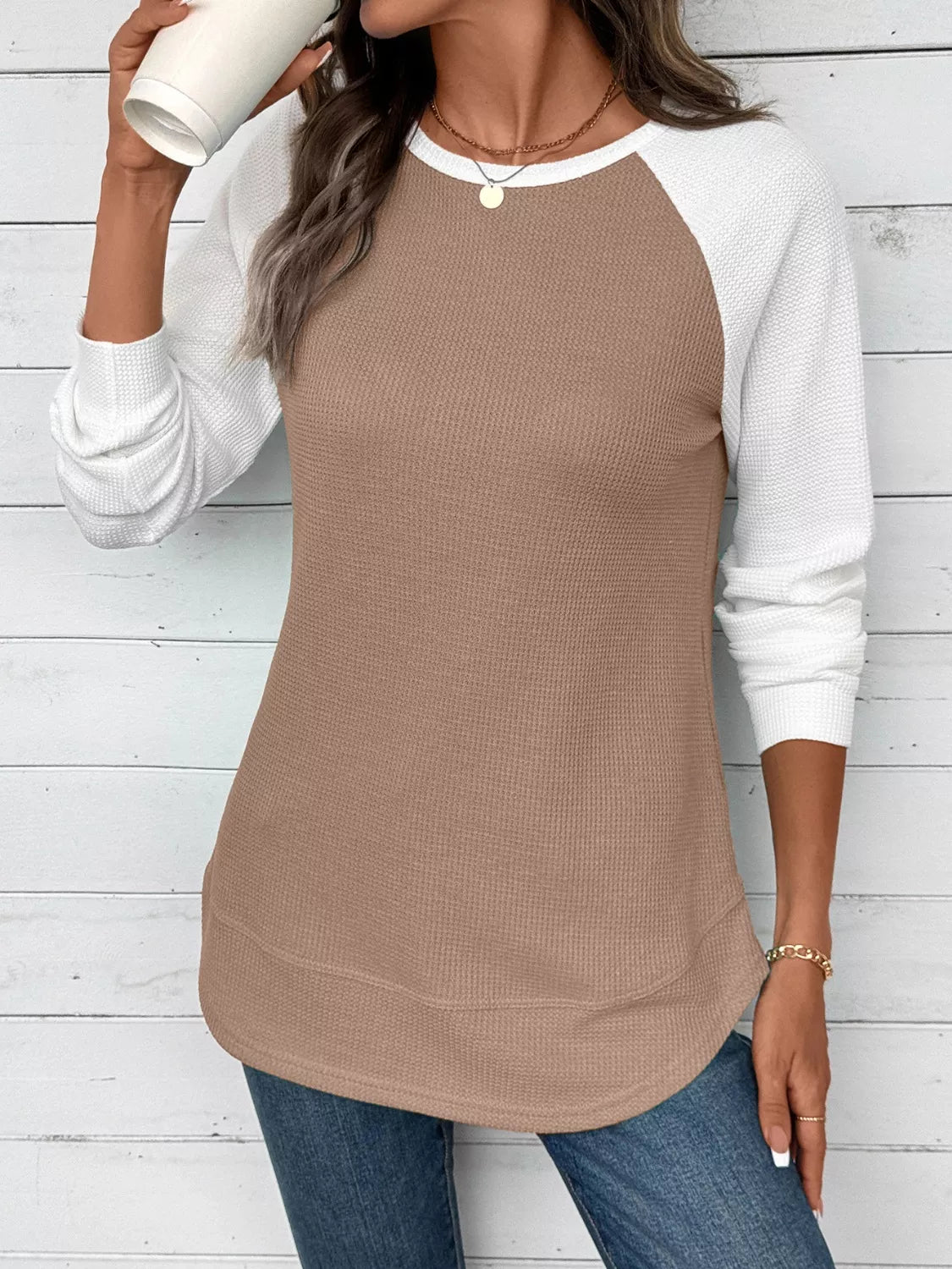 Camiseta de punto gofre con manga raglán