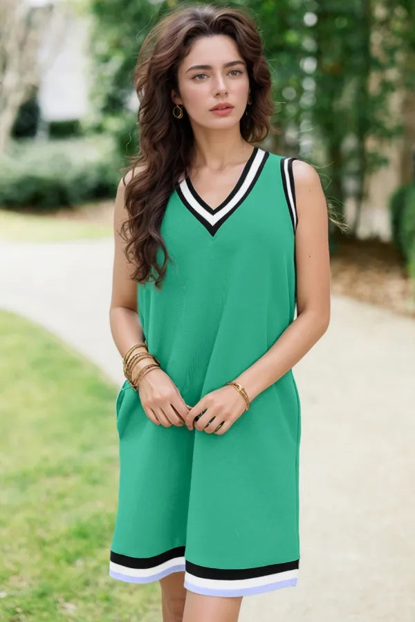 Color Contrast Trim V Neck Shift Sleeveless Mini Dress
