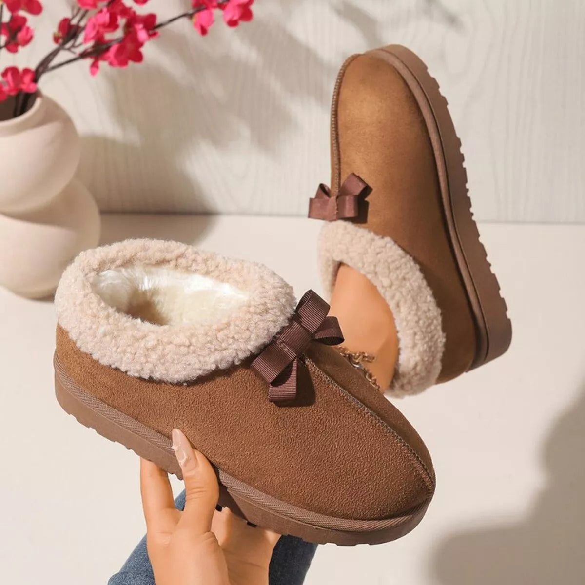 Pantuflas Forradas de Peluche Suaves con Lazo