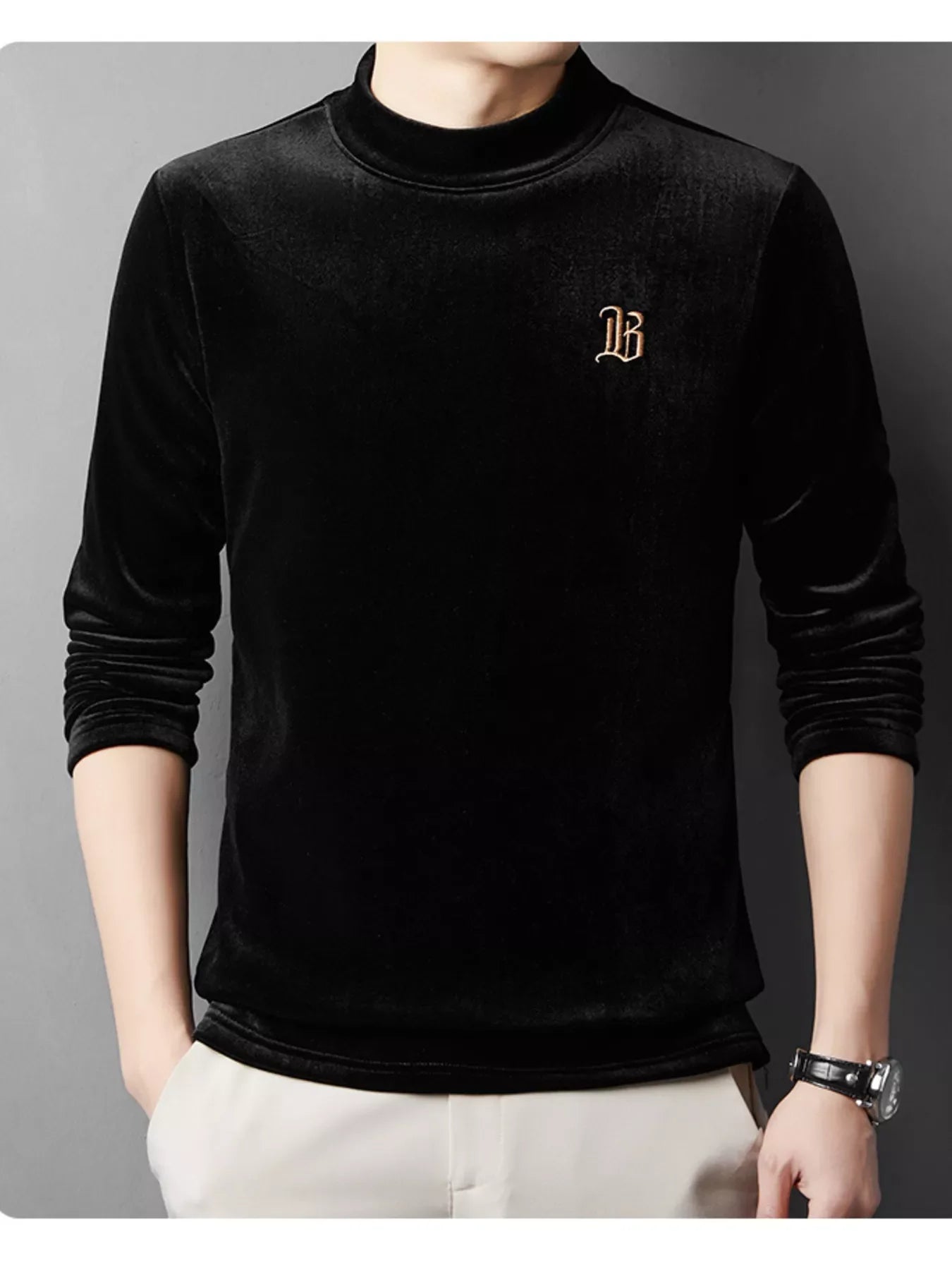 Camiseta de terciopelo bordada cálida de talla grande para hombre