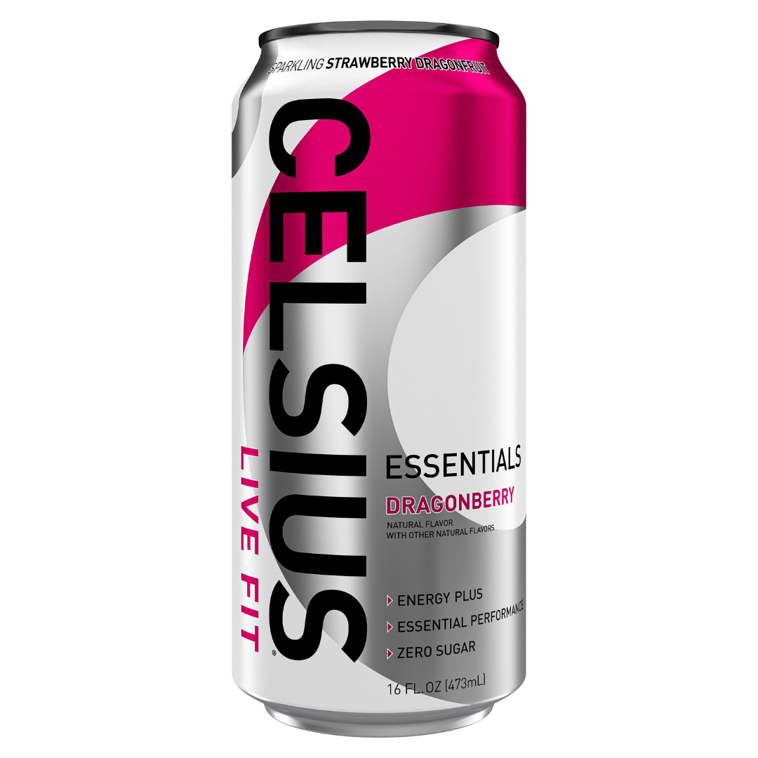 Bebida energética Celsius Essentials Dragonberry con gas de fresa y pitahaya (16 oz)