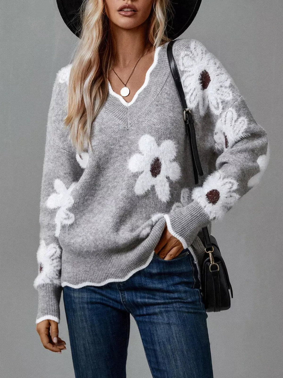 Suéter Floral de Manga Larga con Cuello en V