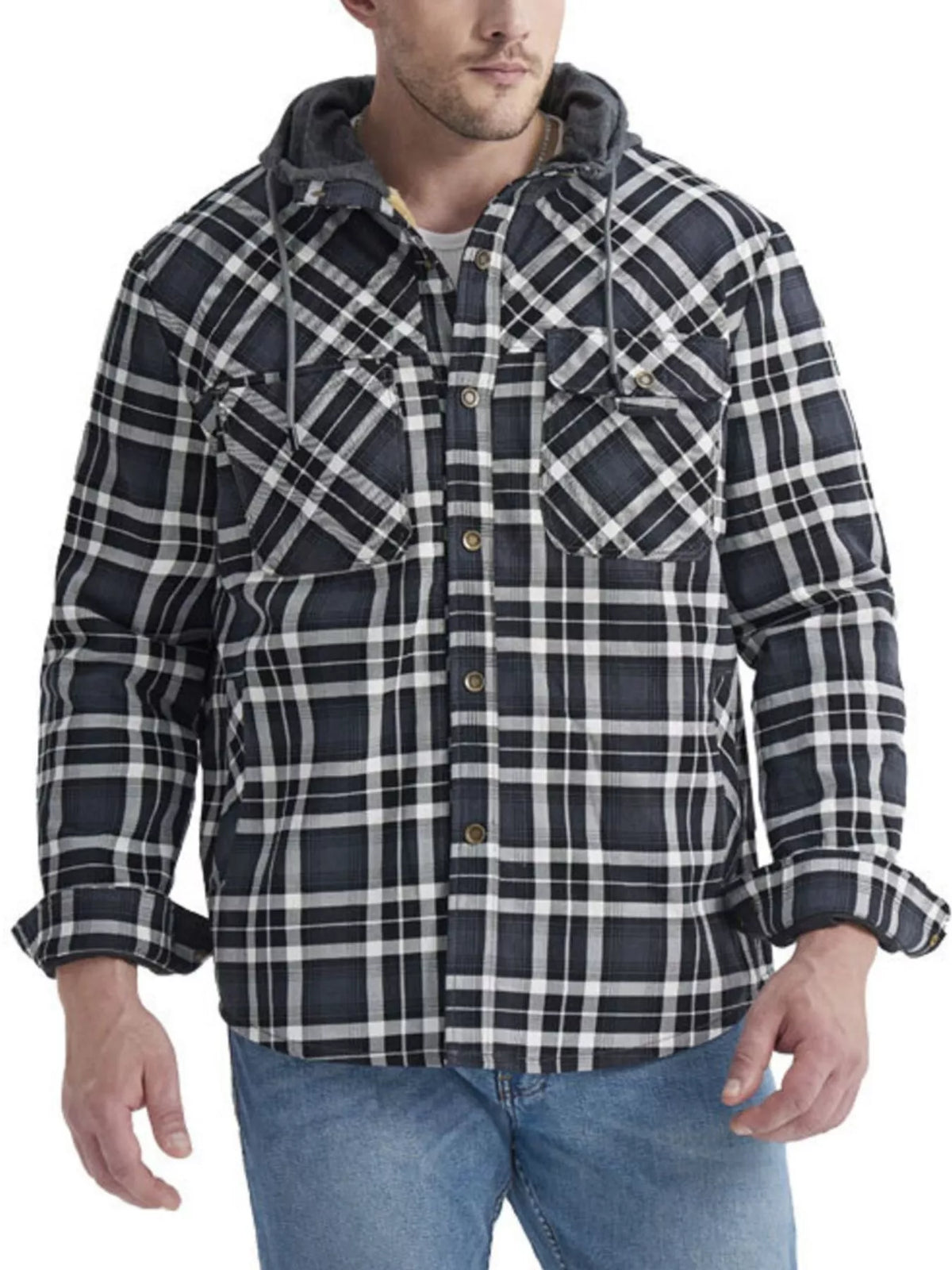 Chaqueta con capucha de franela a cuadros para hombre con botones a presión