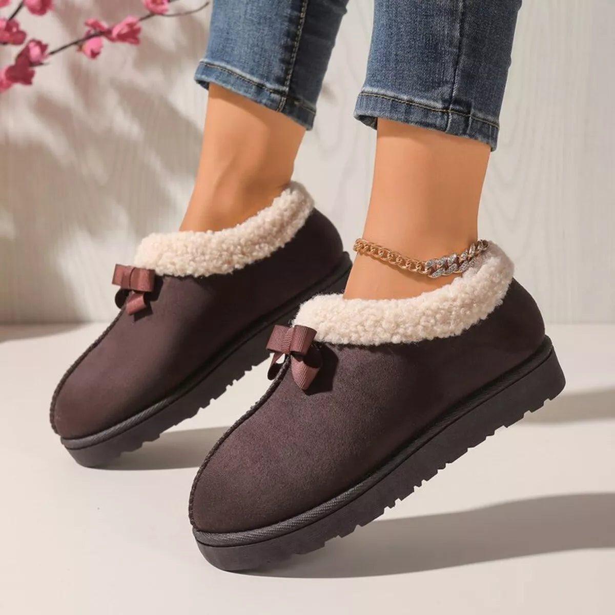 Pantuflas Forradas de Peluche Suaves con Lazo