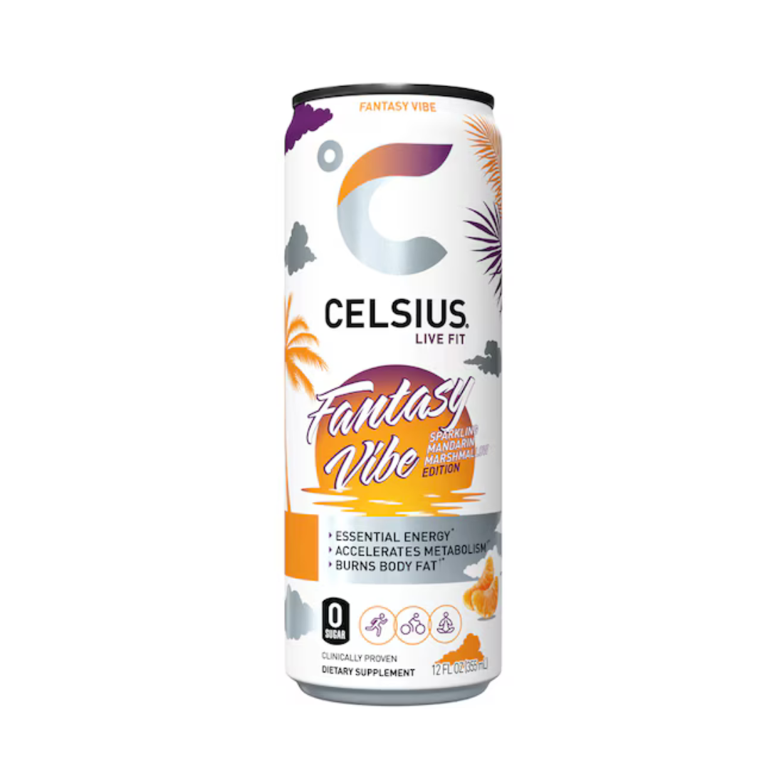 Bebida energética con gas Celsius Vibe Fantasy Vibe, sabor mandarina y malvavisco (355 ml)