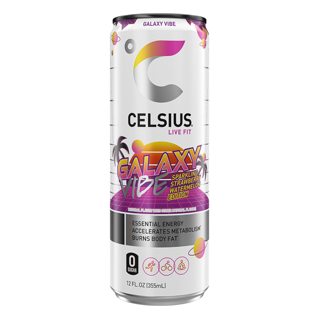 Bebida energética con gas Celsius Vibe Galaxy Vibe, sabor fresa y sandía (355 ml)
