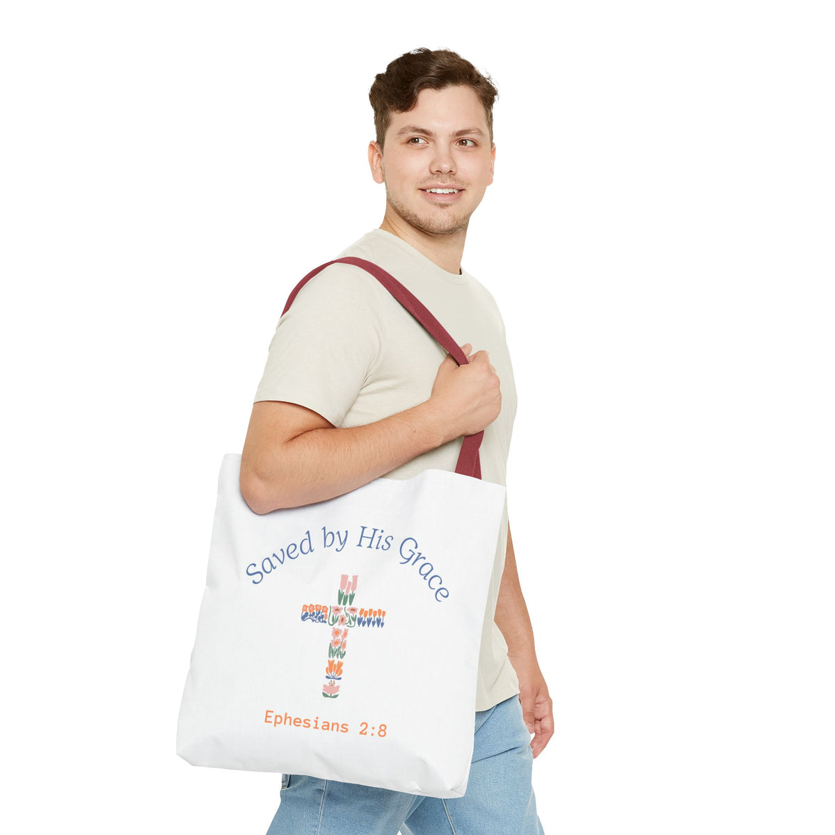 Bolsa tote cristiana — "Salva por Su gracia"
