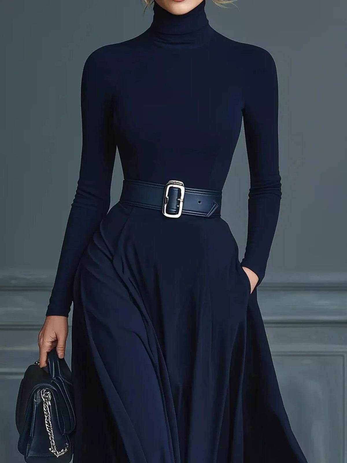 Vestido maxi de manga larga con cuello alto