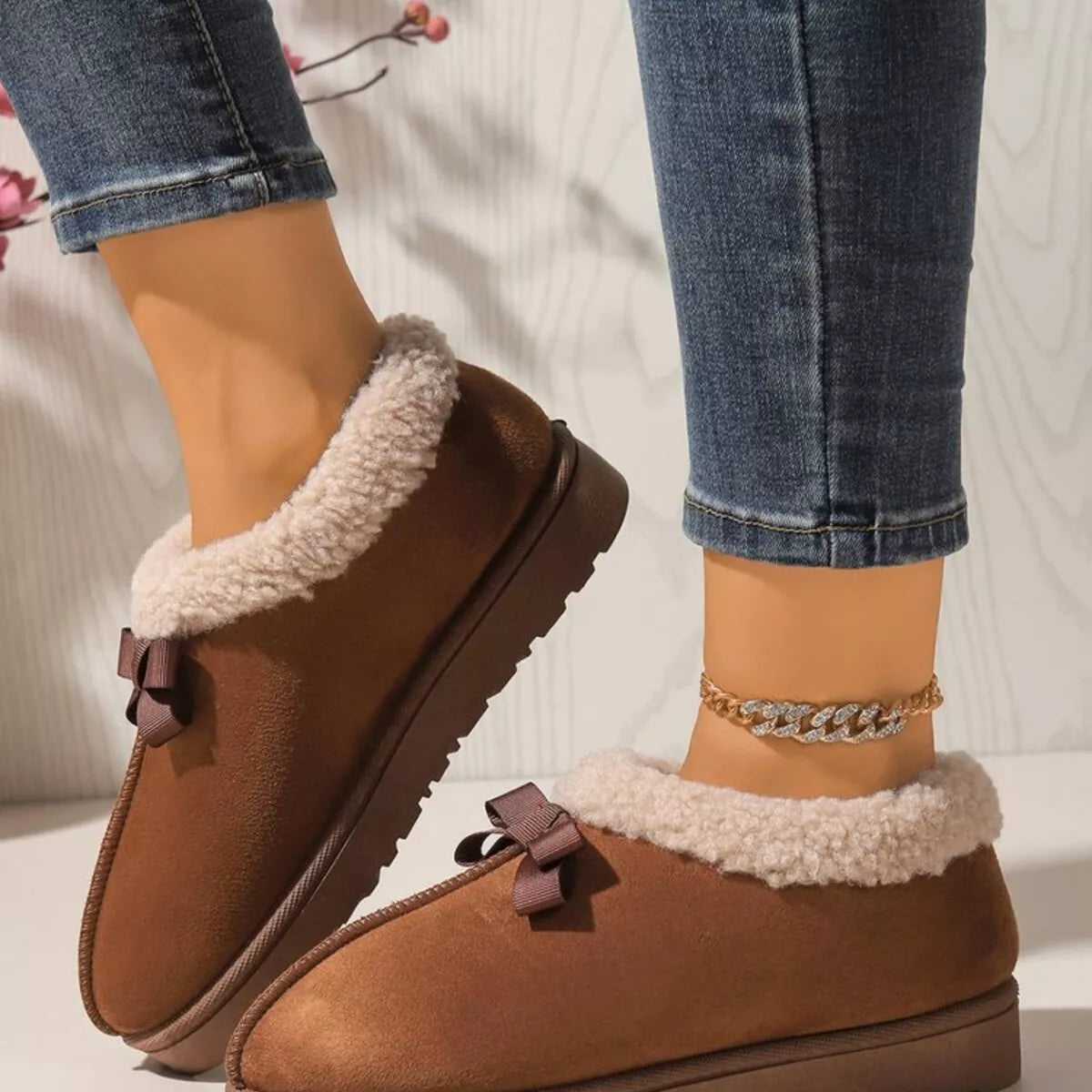 Pantuflas Forradas de Peluche Suaves con Lazo