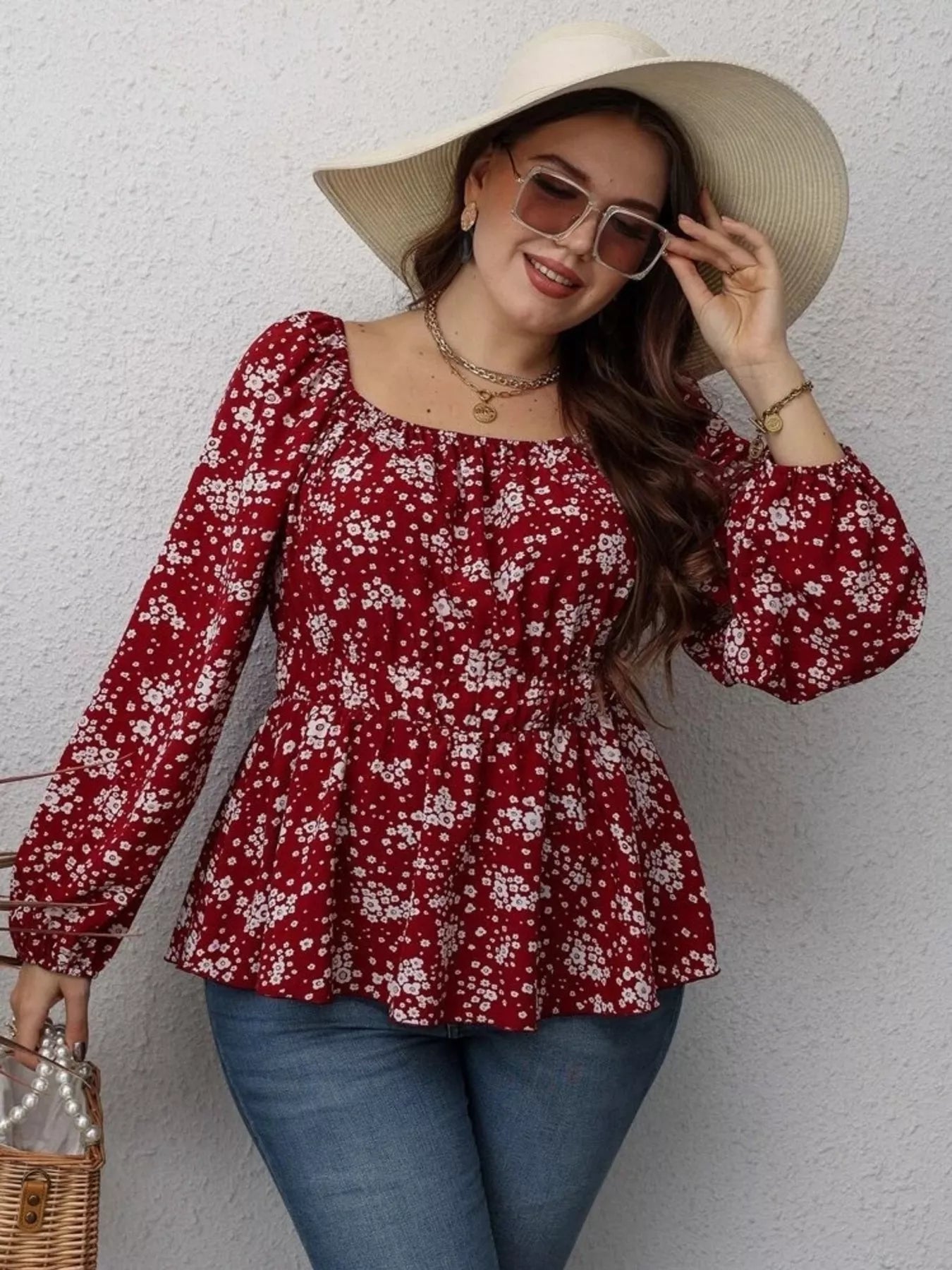 Blusa peplum de manga larga y cuello cuadrado con estampado floral