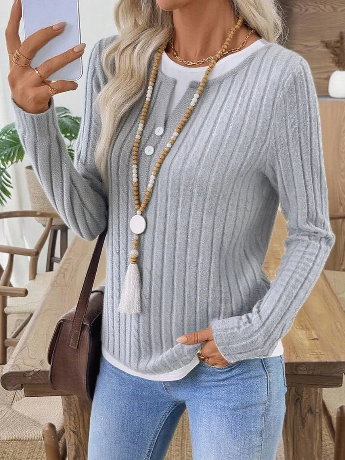 Camiseta Henley de manga larga de punto acanalado