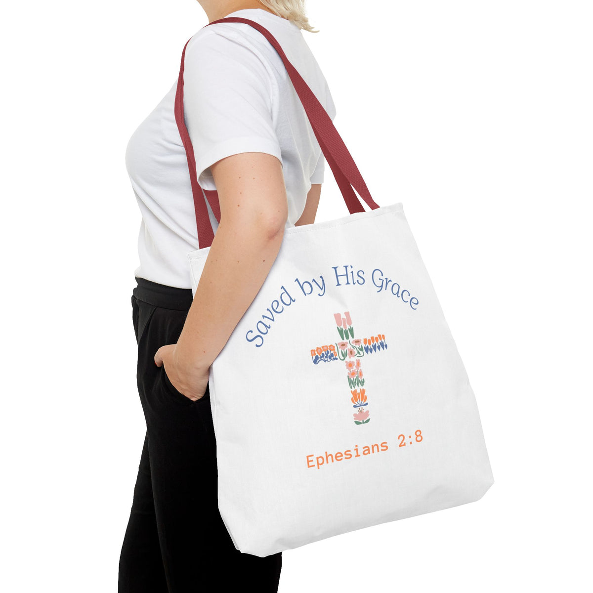 Bolsa tote cristiana — "Salva por Su gracia"