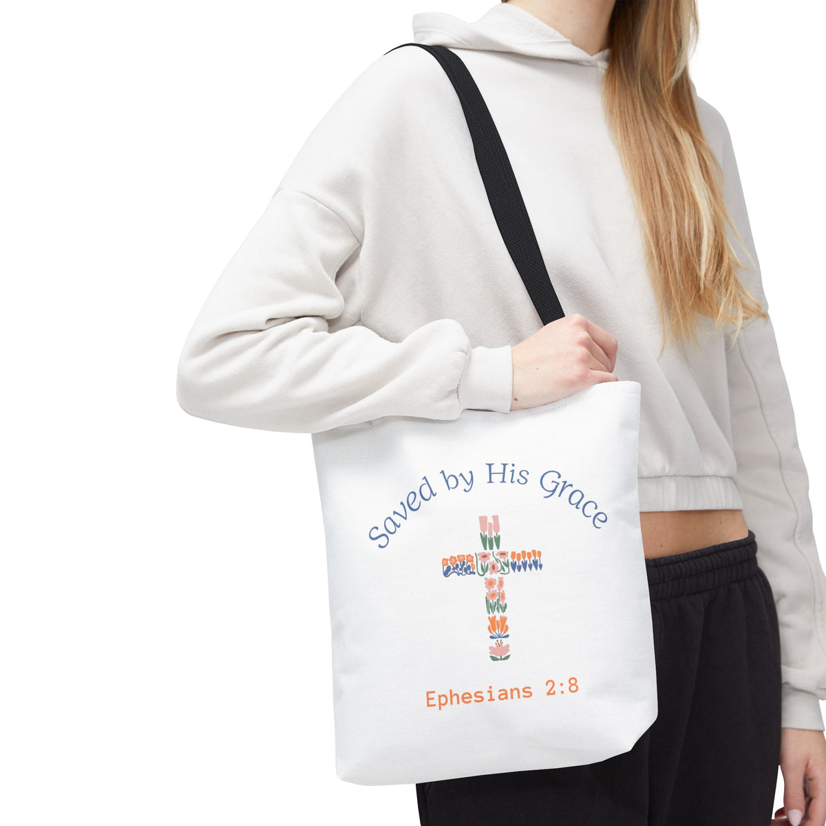 Bolsa tote cristiana — "Salva por Su gracia"