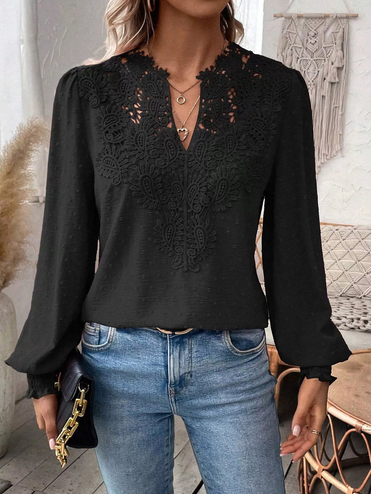 Lace Trim Long Sleeve Blouse