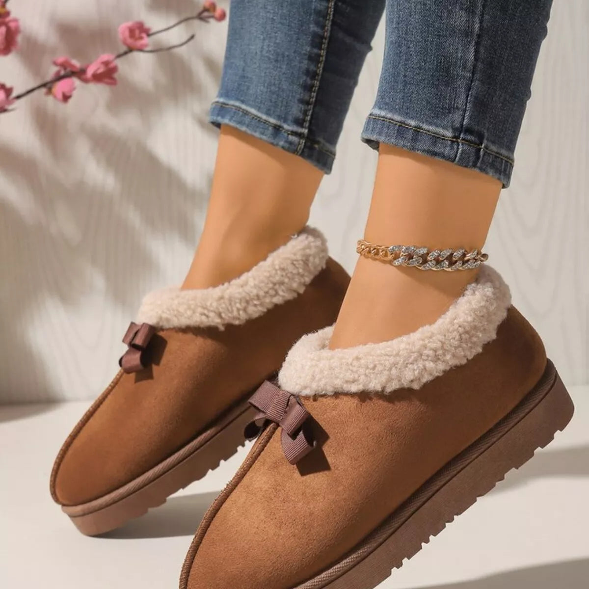 Pantuflas Forradas de Peluche Suaves con Lazo