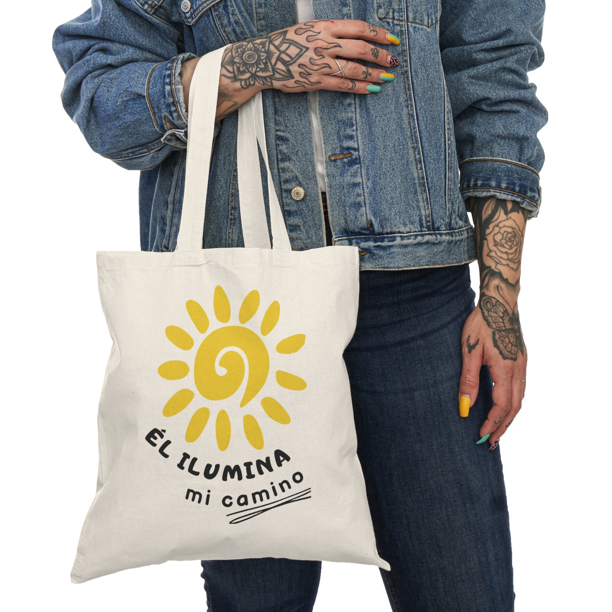 Tote Bag — "Él ilumina mi camino" Tote de mercado de inspiración española con gráfico de sol