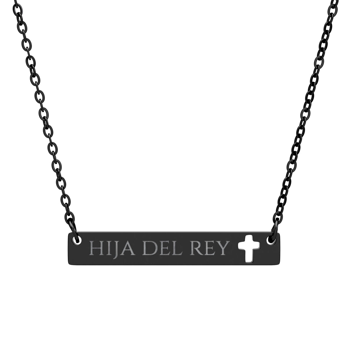 Collar con barra transversal y cruz recortada grabada — "Hija del Rey"