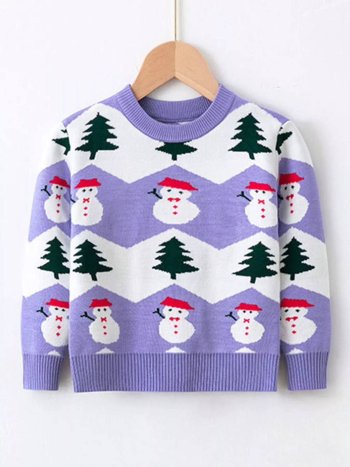 Suéter para niños con patrón de muñeco de nieve y árbol