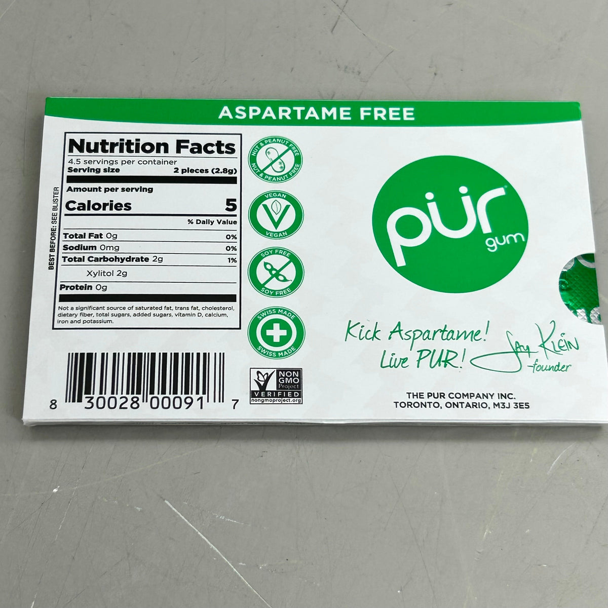 Chicle de hierbabuena sin azúcar PUR (sin aspartamo) – 12 paquetes (9 unidades cada uno)