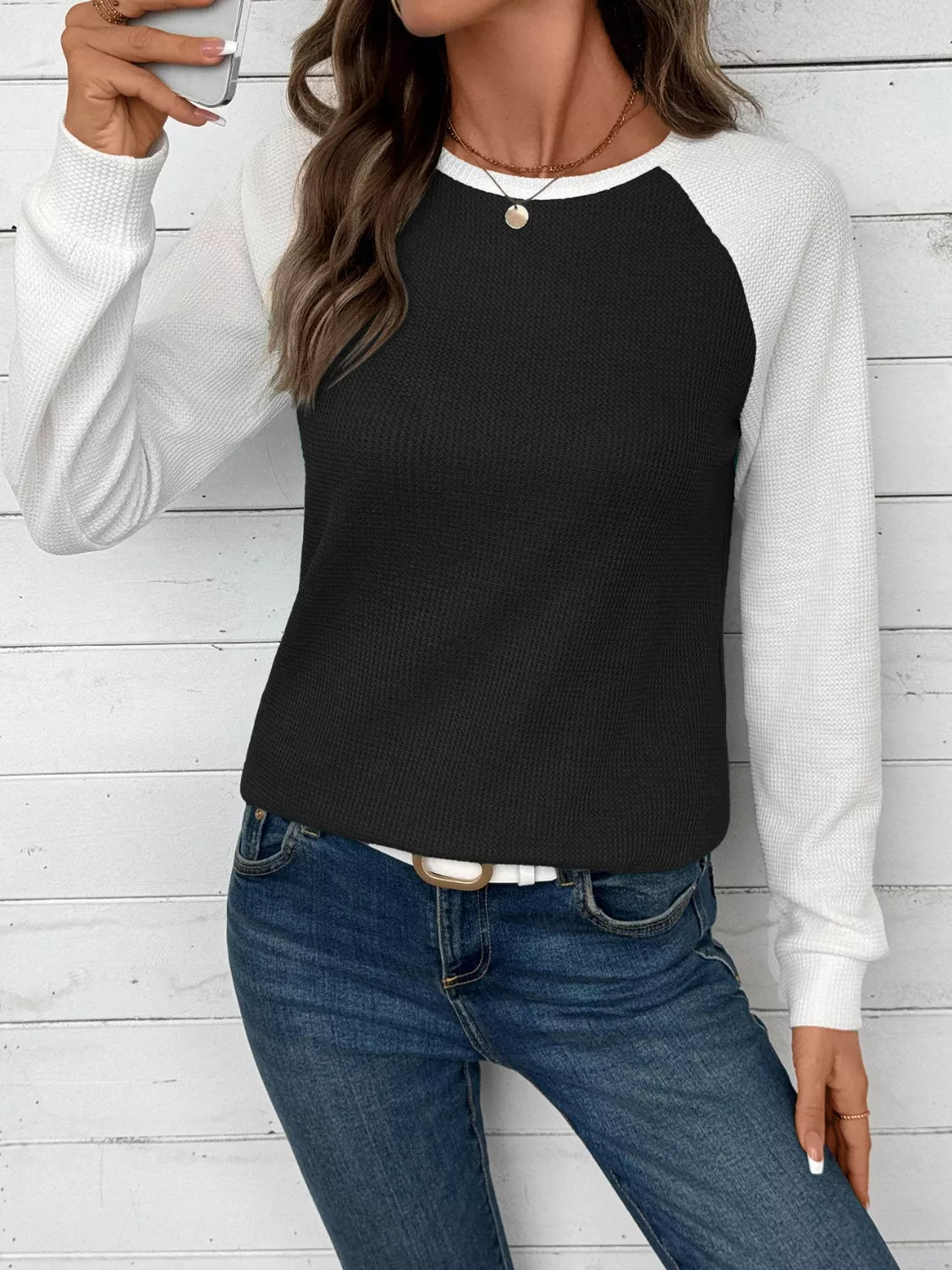 Camiseta de punto gofre con manga raglán