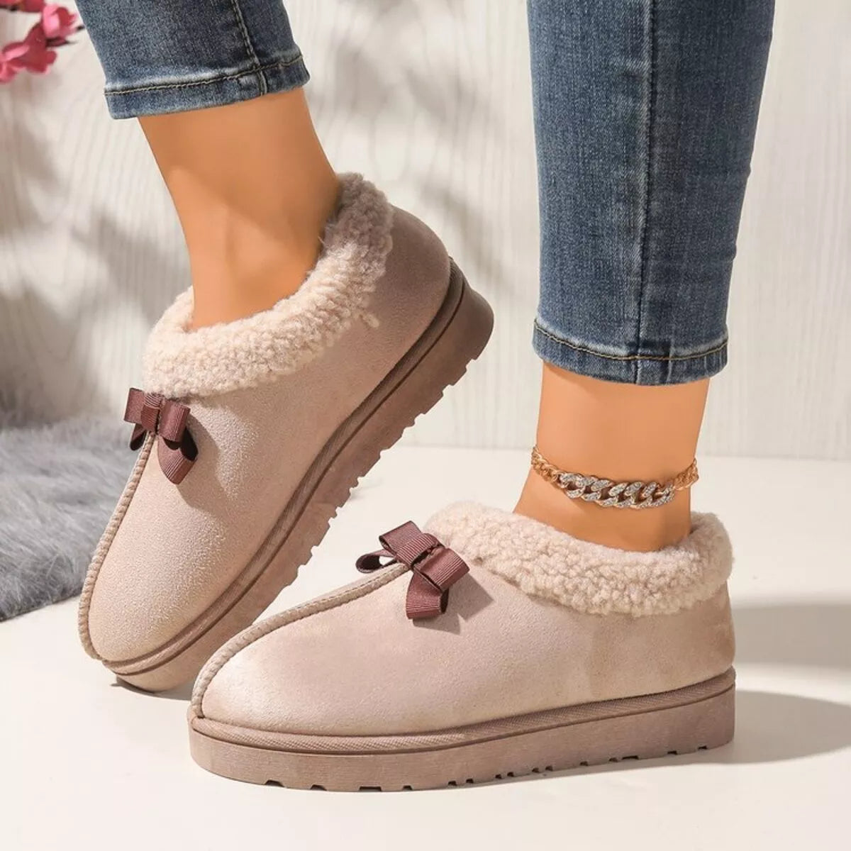 Pantuflas Forradas de Peluche Suaves con Lazo