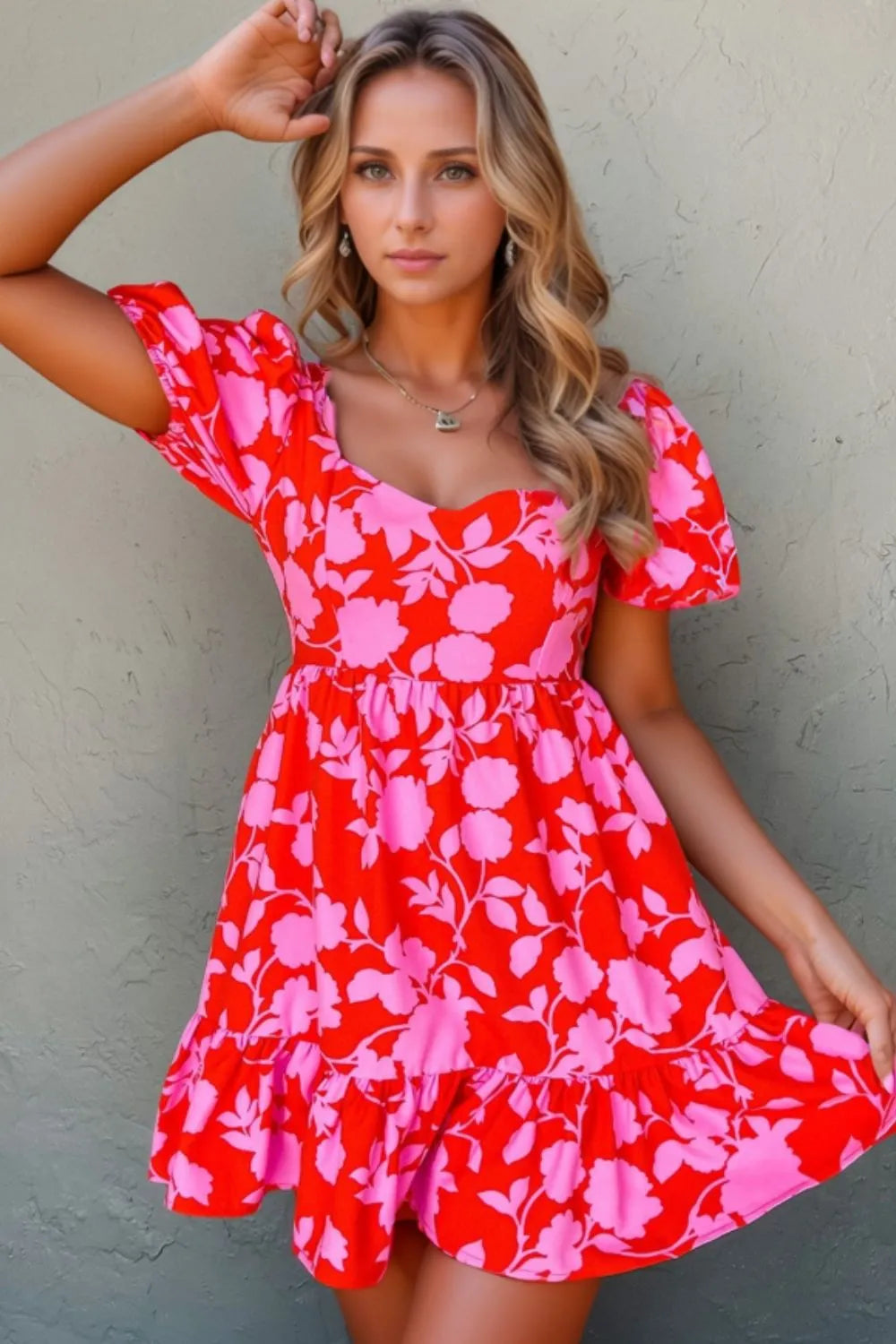 Floral Puff Sleeve Sweetheart Neck Ruffled Mini Dress