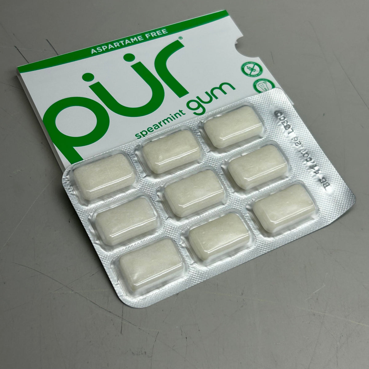 Chicle de hierbabuena sin azúcar PUR (sin aspartamo) – 12 paquetes (9 unidades cada uno)