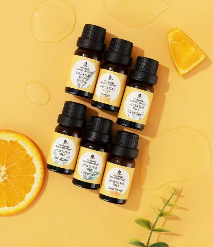 Colección de aceites esenciales de aromaterapia aptos para mascotas: cedro, manzanilla, incienso, jengibre, lavanda y romero.