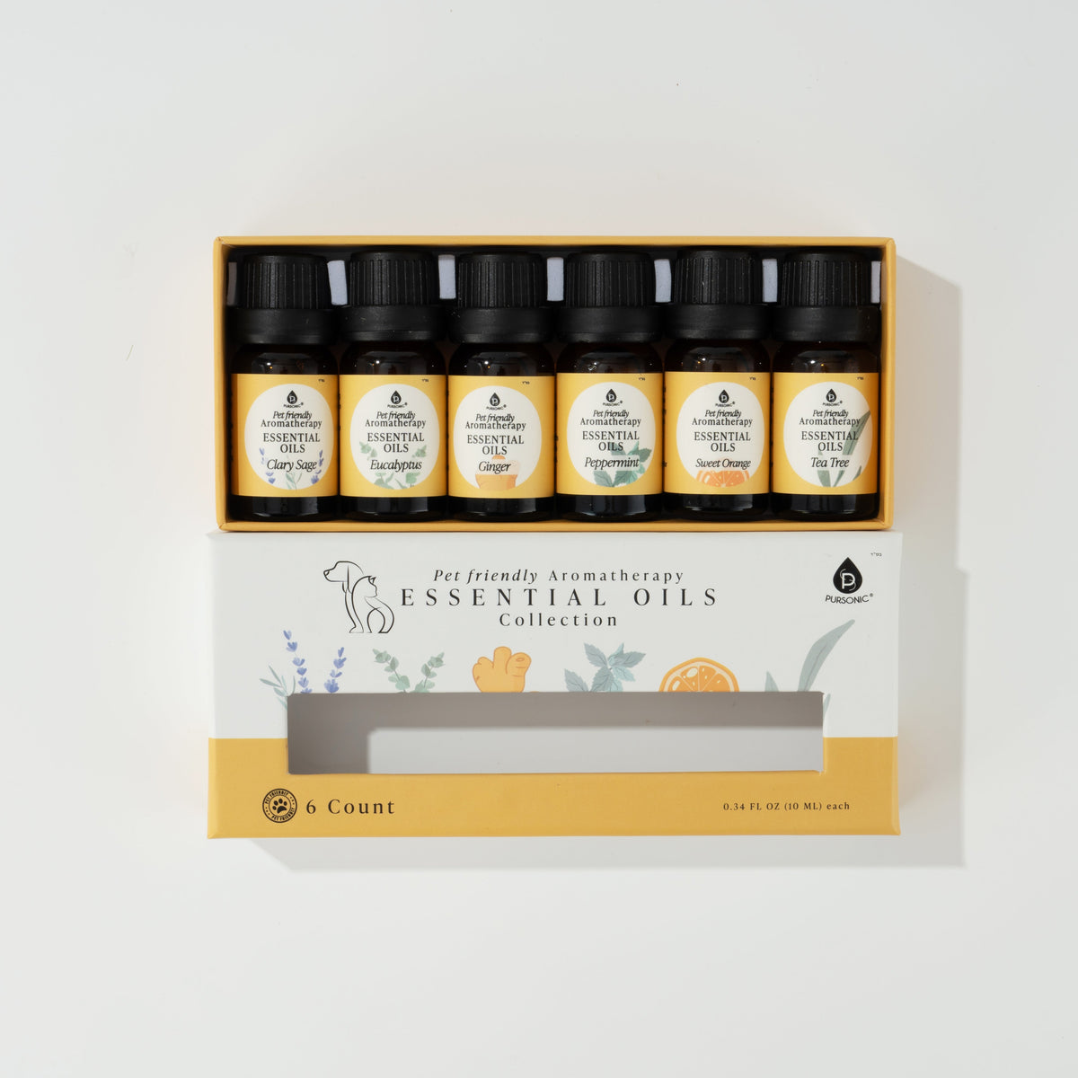 Colección de aceites esenciales de aromaterapia aptos para mascotas: cedro, manzanilla, incienso, jengibre, lavanda y romero.