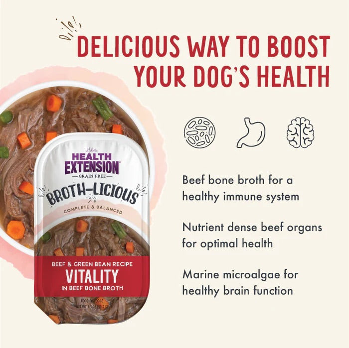 Health Extension Broth-Licious Vitalidad – Res y Judías Verdes en Caldo de Hueso (3.5 oz)