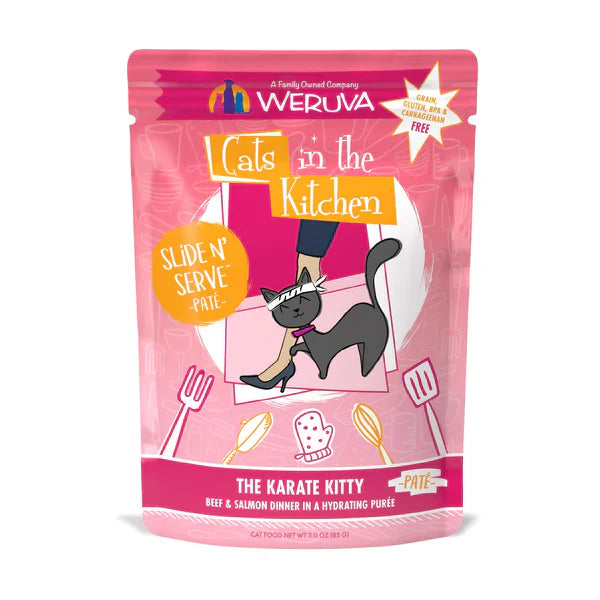 Paté Gatos en la Cocina La Cena Karate Kitty de Carne y Salmón en un Puré Hidratante (3 oz)